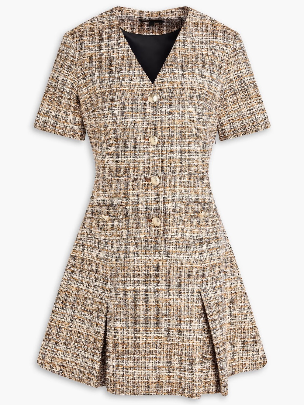 Maje Short-Sleeve Tweed Mini Dress in Brown Plaid